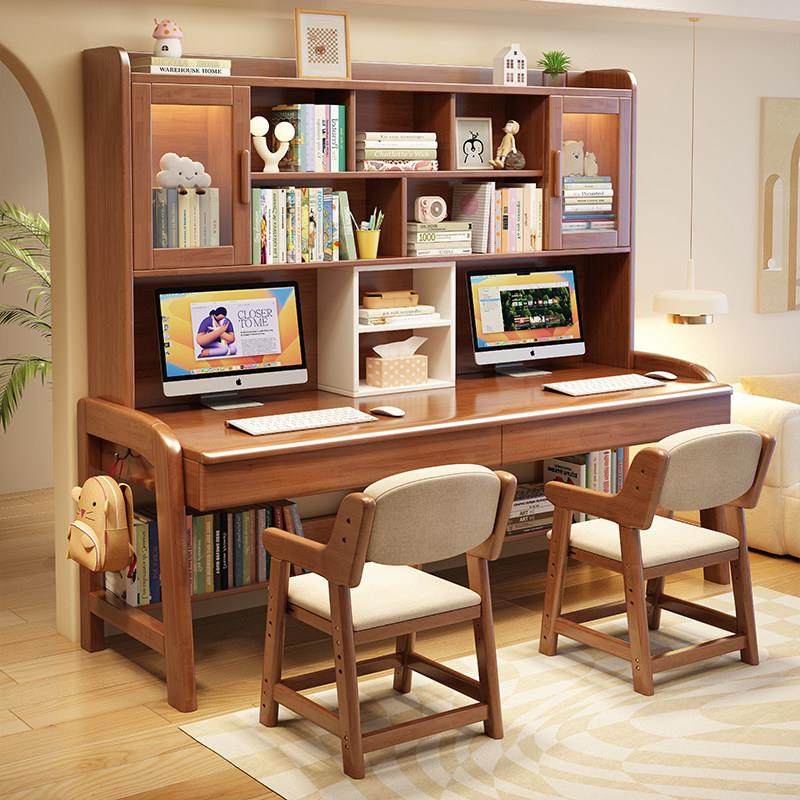 实木双人书桌书架一体电脑桌办公桌家用客厅并排学习写字桌椅组合