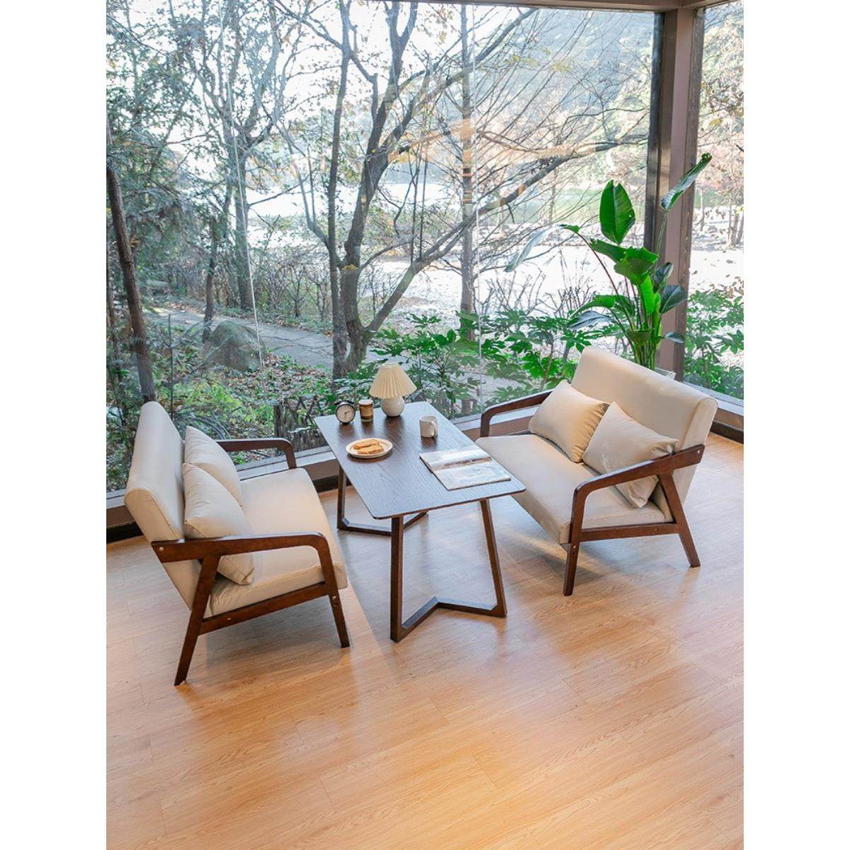 复古咖啡厅接待洽谈简约实木猫爪皮桌椅组合奶茶休闲商务餐厅沙发