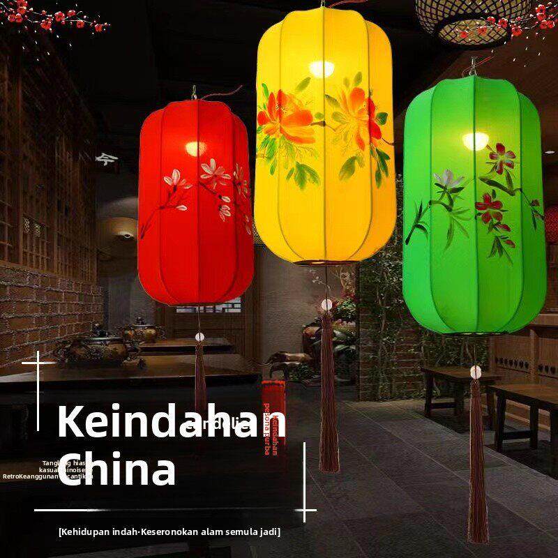 现代简约新中式餐厅布艺手绘灯笼彷古典宫灯创意冬瓜长形LED吊灯