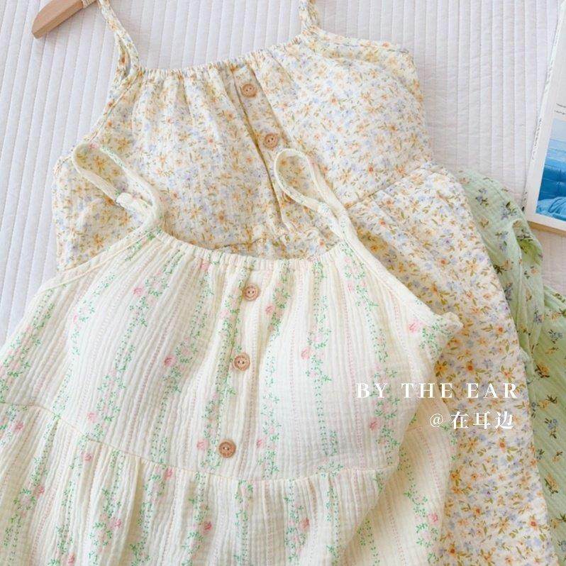 夏季睡衣女纯棉双层纱布清新小碎花吊带薄款纯欲风家居服柔软睡裙