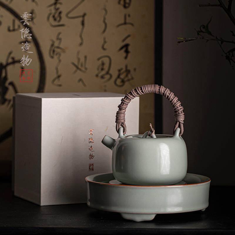 优茶道天青汝窑茶壶提梁壶藤编开片汝瓷小壶中式泡茶壶冰裂釉复古