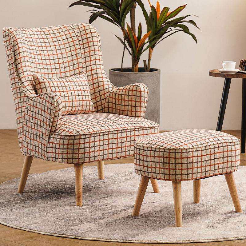美式实木沙发格子布艺简约客厅小卧室阳台休闲懒人复古单人老虎椅