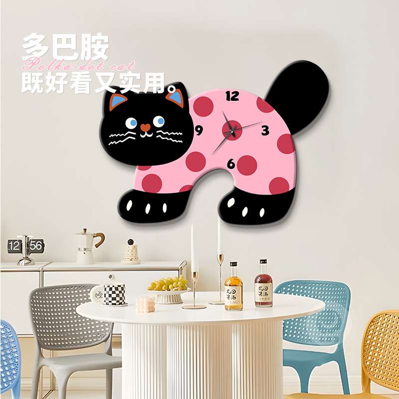 网红波点猫客厅装饰画挂钟多巴胺卧室创意钟表挂画时尚餐厅壁画图片