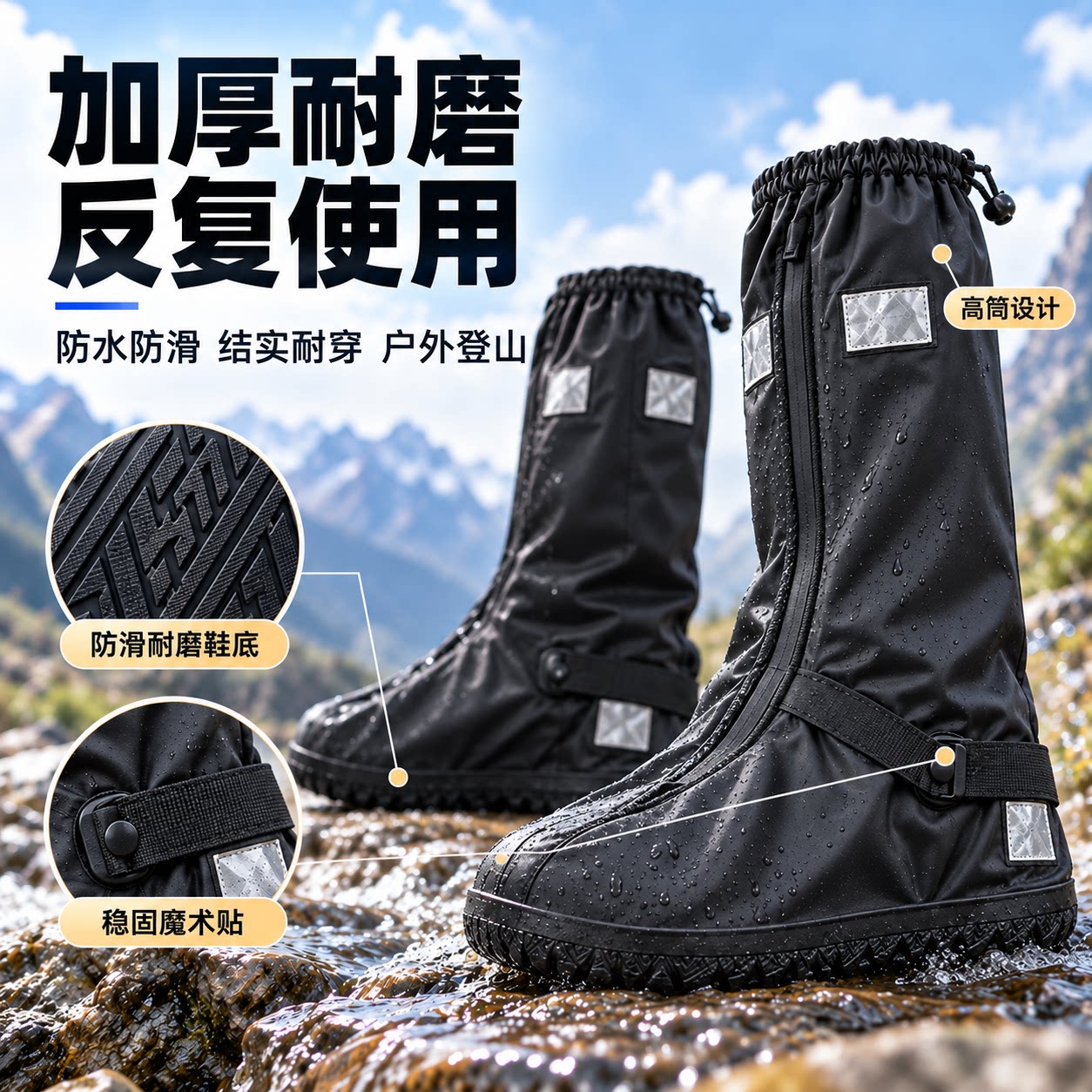 加厚耐磨防水鞋套高筒防沙防滑户外登山钓鱼涉水通用反复使用装备
