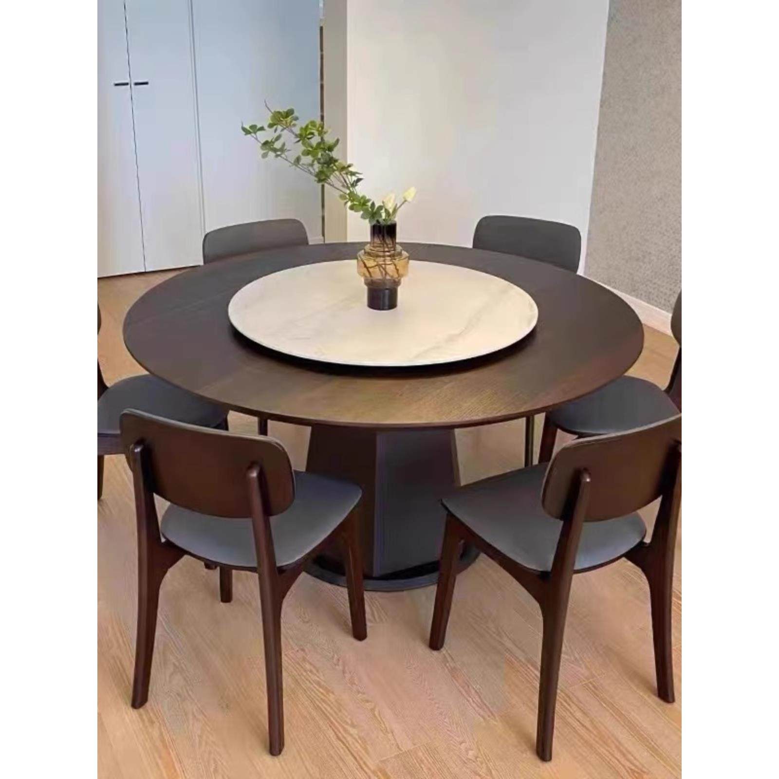 实木圆形胡桃色餐桌意大利现代风格石板转盘圆桌轻型豪华家庭餐桌