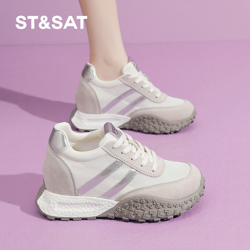 8CM内增高星期六2025夏季单网透气厚底运动休闲小个子女德训鞋