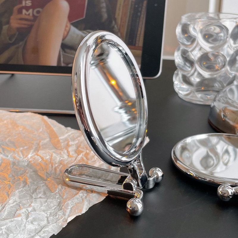 银色小镜子ins可手持便携式折叠双面化妆镜迷你桌面f
