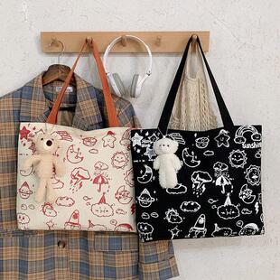 帆布包单肩大容量手提学院风简约可爱带拉链装书上班托特包包L