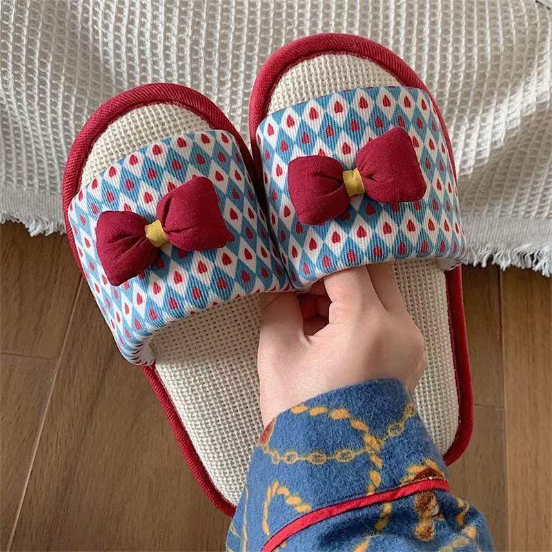 居家用仙女风时尚蝴蝶结棉麻凉拖