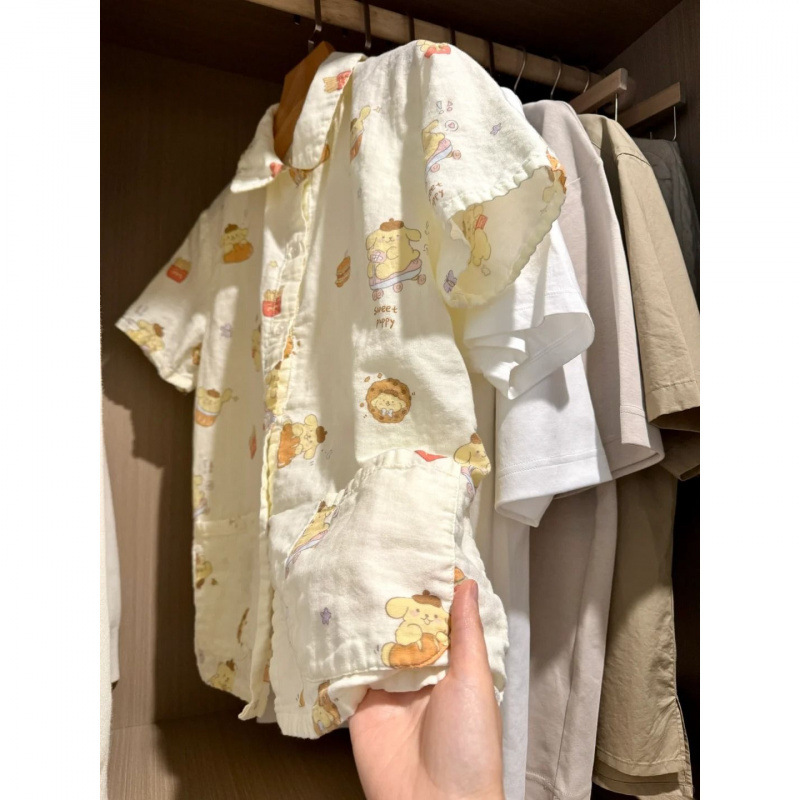 美食布丁狗印花短袖开衫睡衣女夏