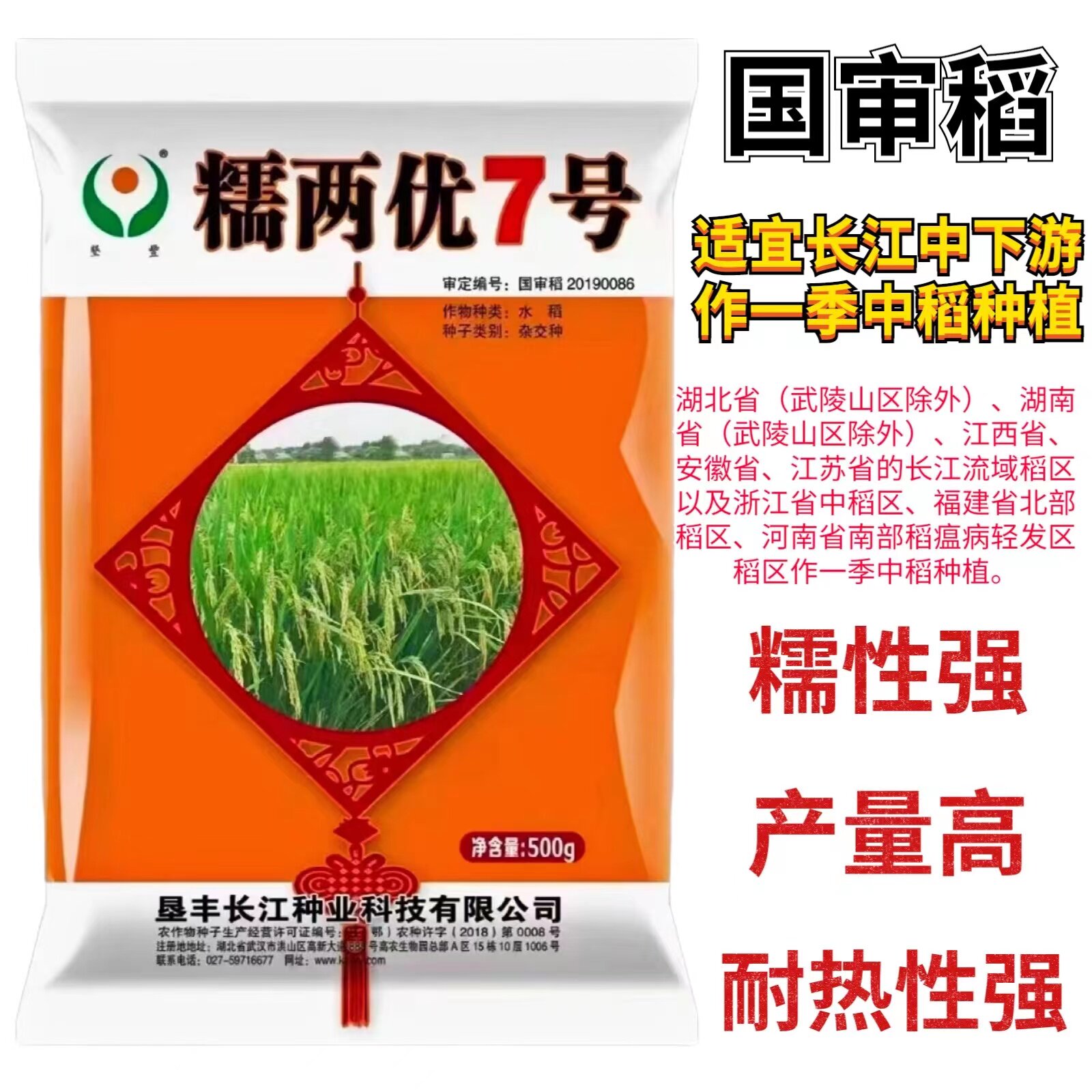 长粒型糯谷水稻种子糯两优7号适宜长江中下游作一季中稻种植1斤装