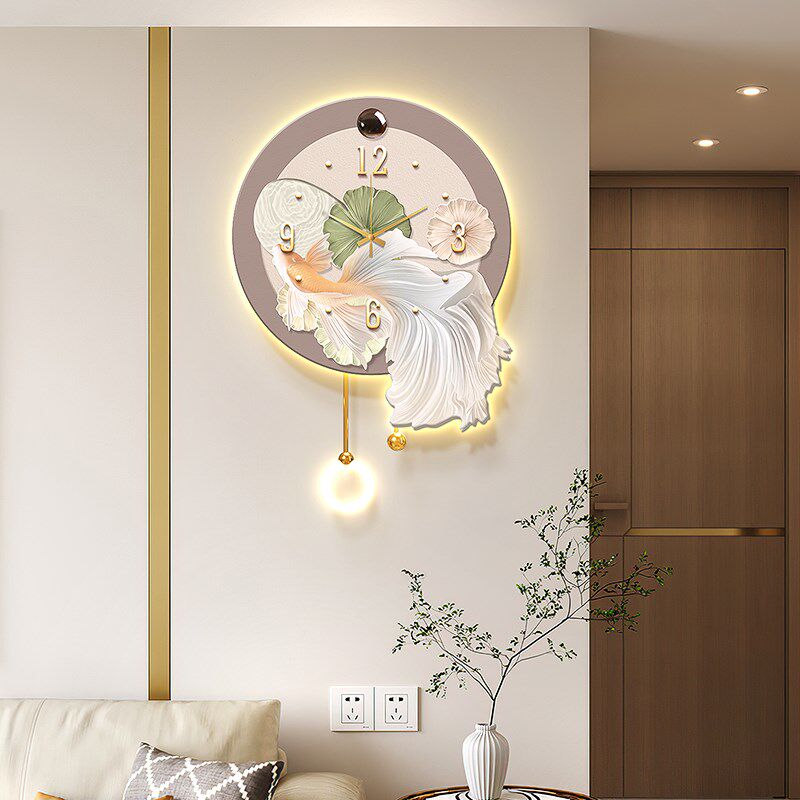 锦鲤客厅电视格栅装饰挂件带灯奶油风年年有余餐厅背景墙钟表壁画