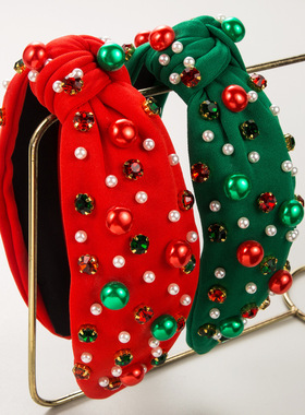 欧美圣诞节珍珠发箍红绿色镶钻头箍女 简约百搭潮流发饰Christmas
