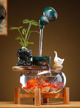 招财循环流水悬壶玻璃鱼缸创意客厅玄关桌面喷泉加湿器乔迁开 业