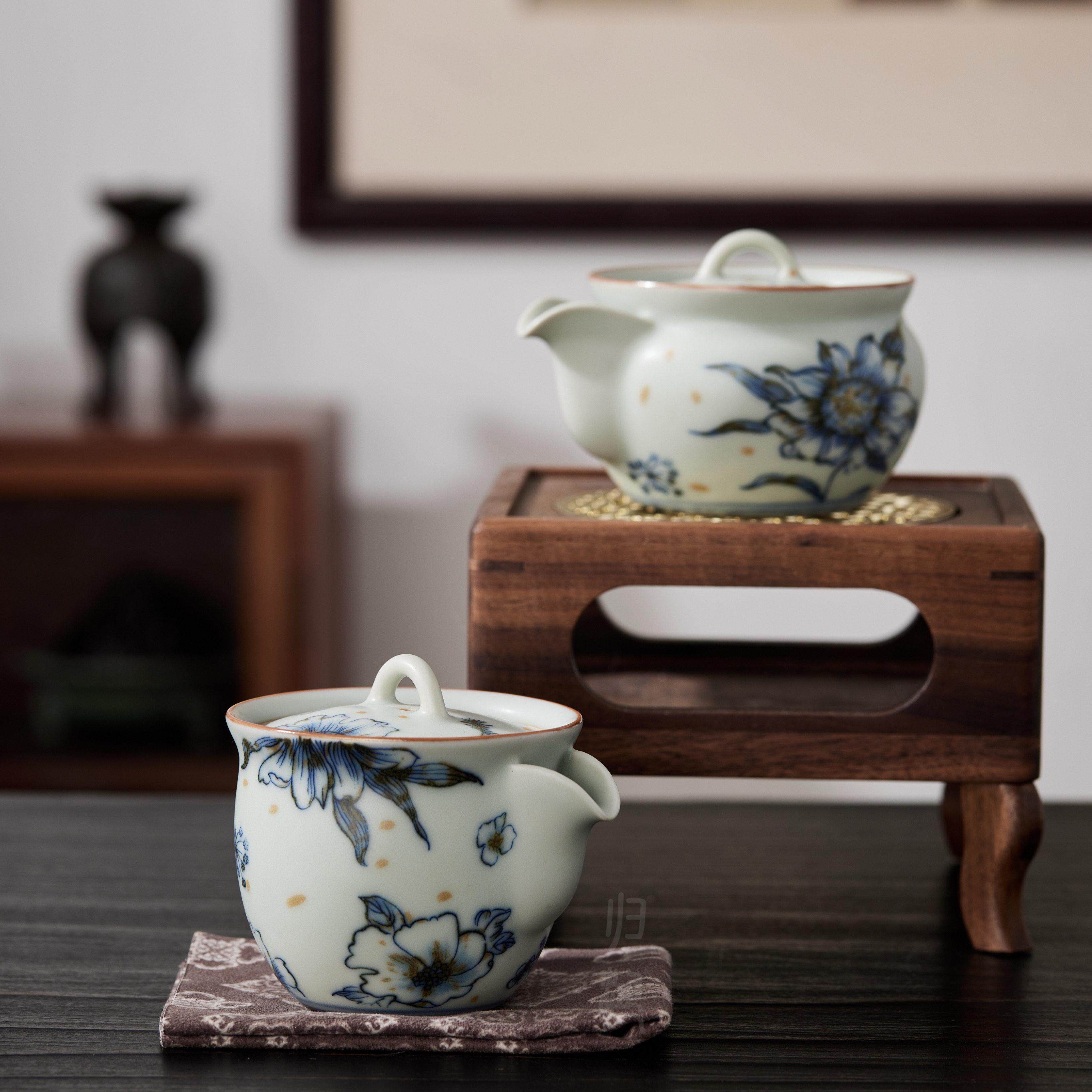 归鸿釉下彩青花复古手抓壶防烫盖碗单个大号泡茶碗带过滤功夫茶具