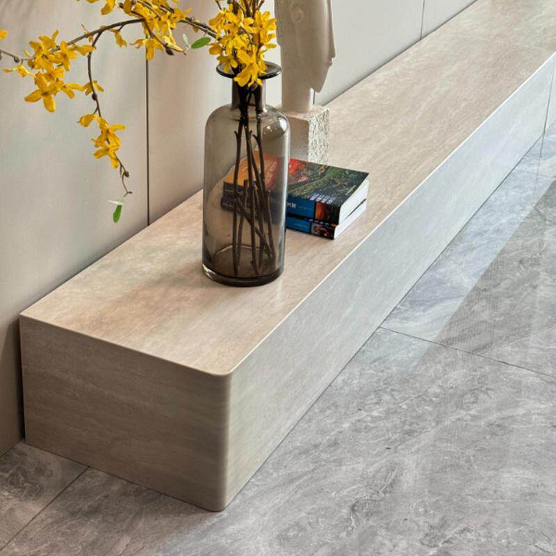 圆角岩板地台长条地柜落地式洞石背景墙电视柜海棠角无缝拼接柜子