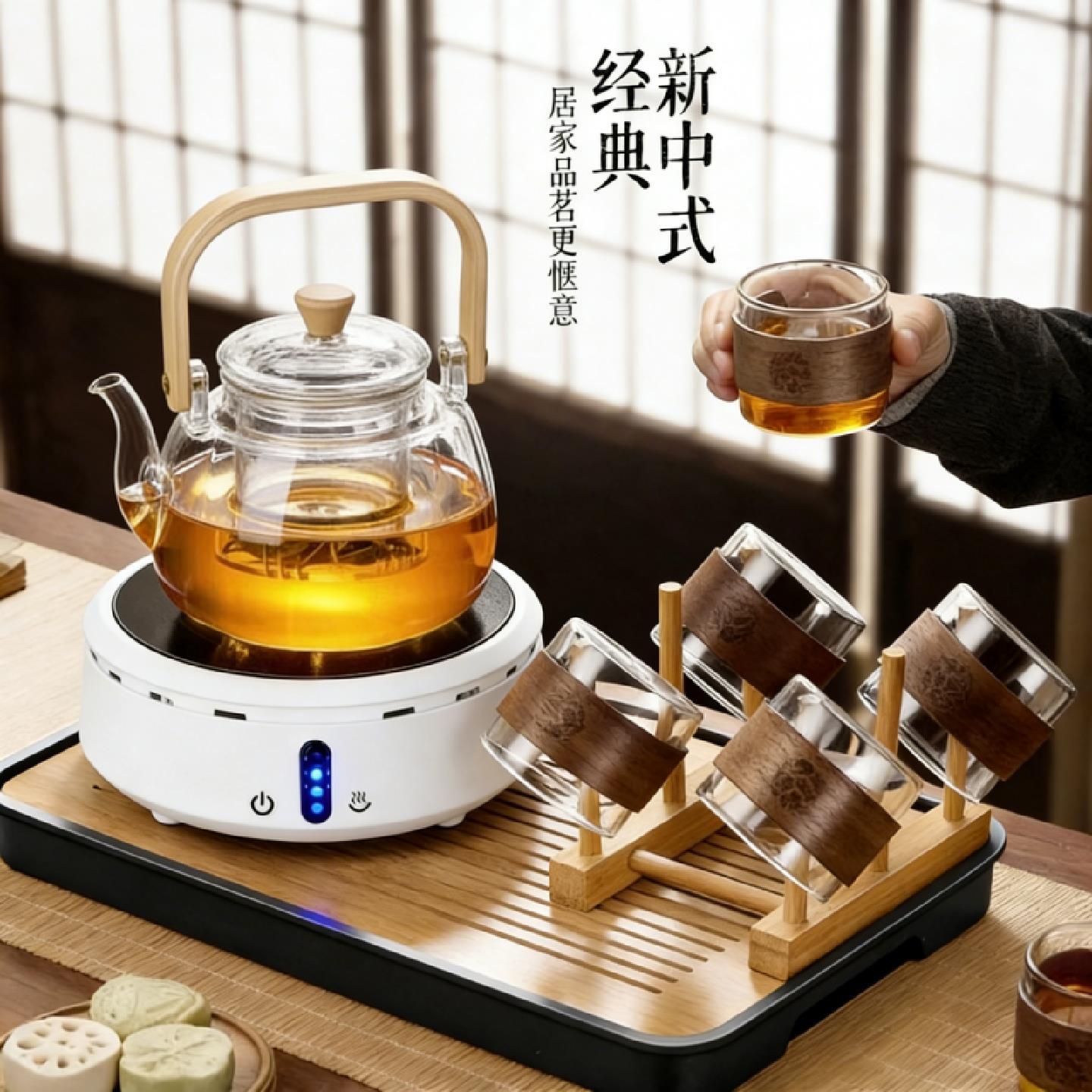 2026新款蒸煮一体玻璃煮茶壶加厚防爆壶黑晶炉煮茶器泡茶壶具套装