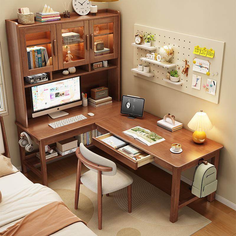 鑫轩全实木书桌书架一体桌转角电脑桌卧室拐角靠墙家用学生写字桌