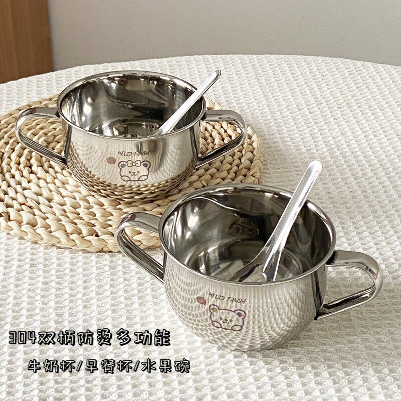 双耳碗牛奶碗早餐学生儿童宝宝304不锈钢耐摔加厚小碗水果碗饭碗