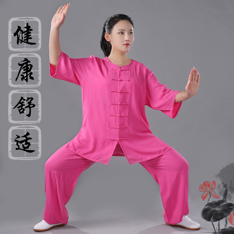 夏季太极服女棉麻练功服中老年男女武术服短袖太极拳服晨练服