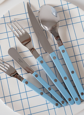 法国正Sabre Paris 天空蓝奶油蓝色亮面西餐具套装刀叉勺黄