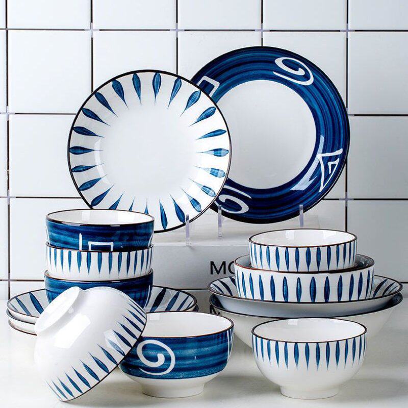 日式6-10人家用碗碟套装饭碗菜盘组合学生碗盘餐具套装釉下彩餐盘