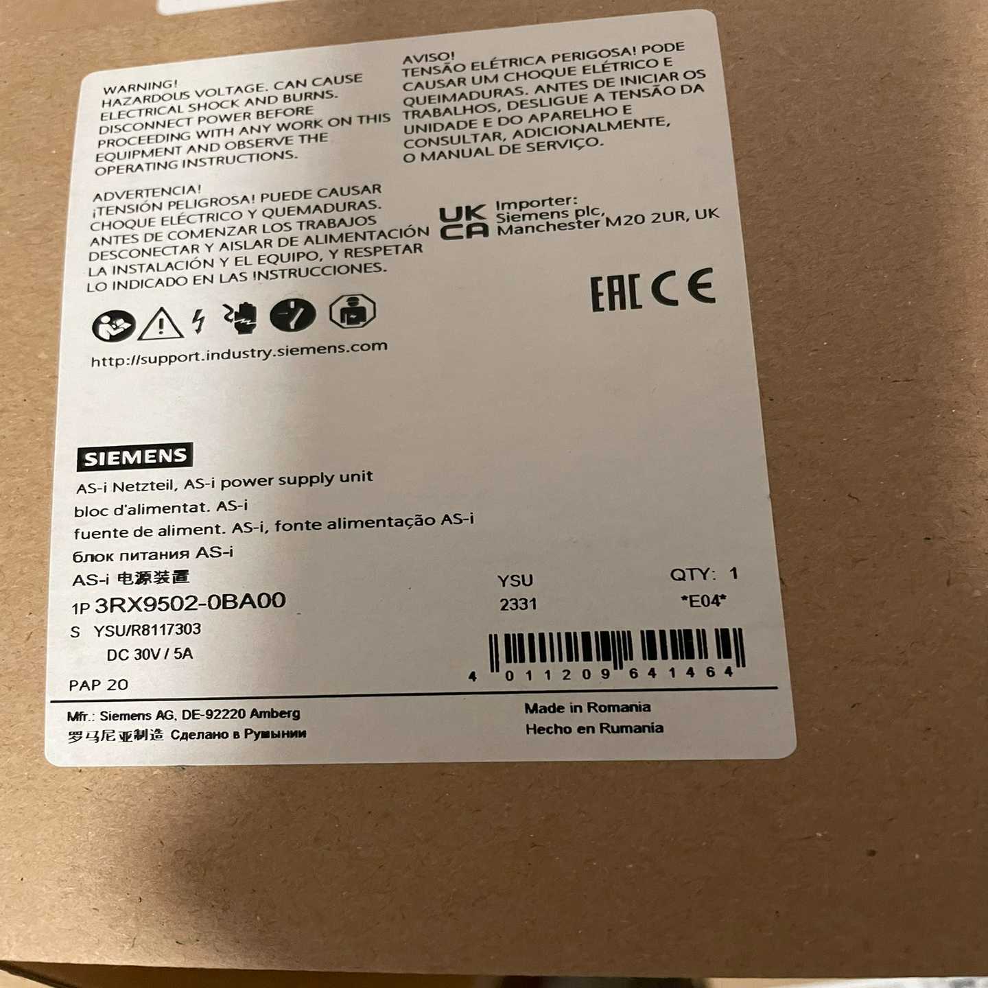 议价~3RX9502-0BA00  AS-i 电源 5A 120V