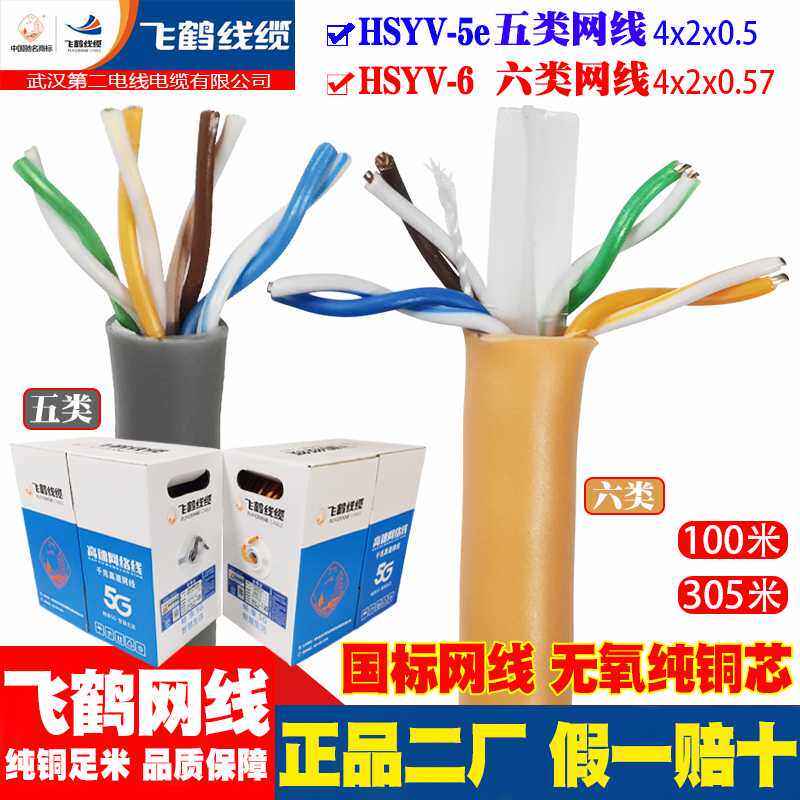 武汉二厂网线HSYV-5e超五类六6类千兆纯铜芯电脑宽带网络家用
