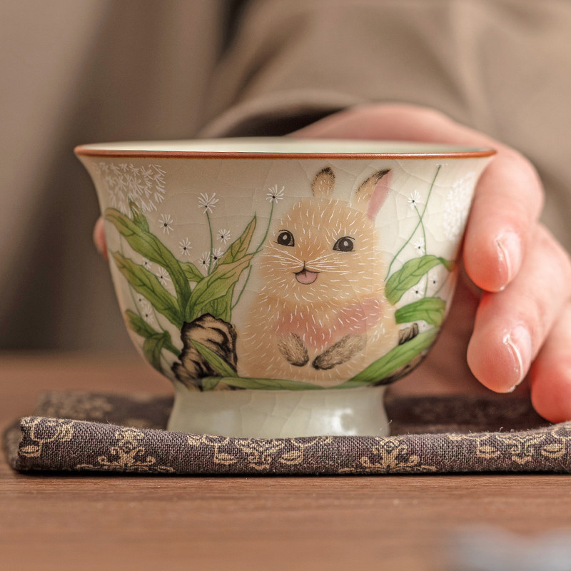 极素兔子汝窑铃铛杯主人杯单个高档茗杯陶瓷茶具功夫小茶杯礼盒