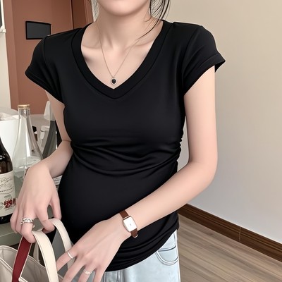 孕妇装V领正肩短袖t恤女新款设计感宽松显瘦休闲小众修身夏天上衣