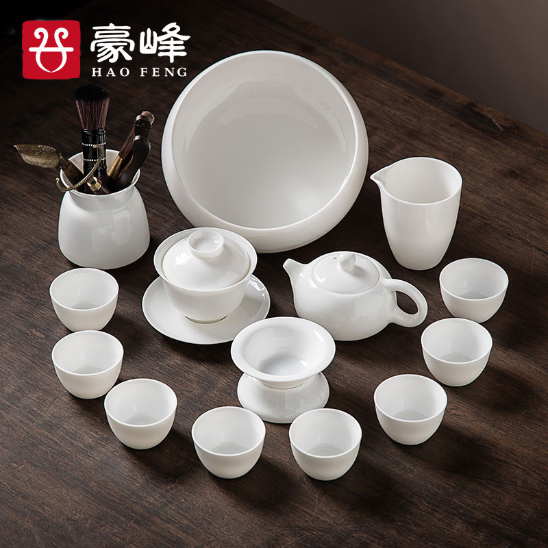 豪峰羊脂玉高白瓷功夫茶具套装家用轻奢小套茶台盖碗陶瓷茶盘客厅