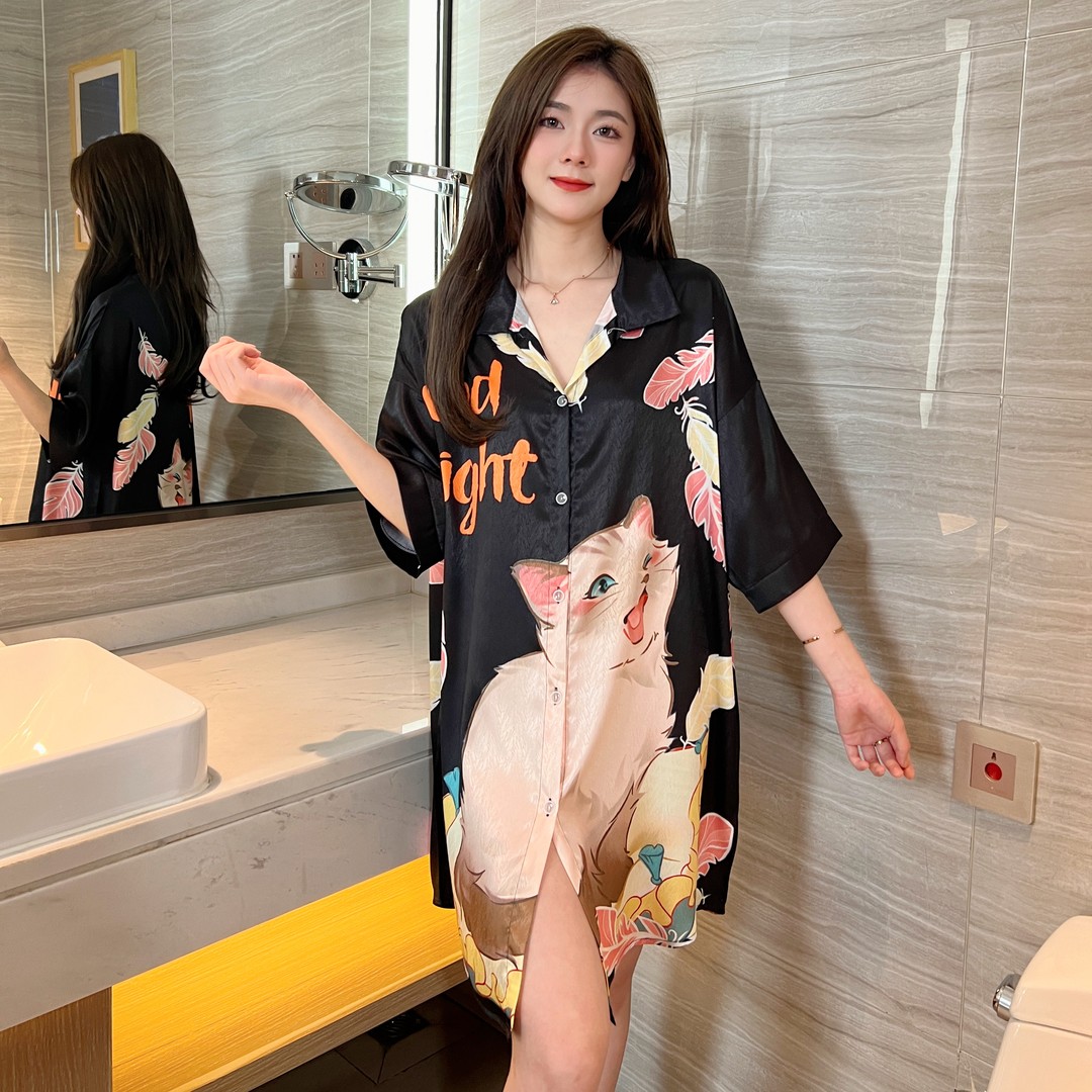 冰雪丝女款睡衣哈欠猫咪宽松中长款睡裙家居服套装