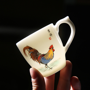 公鸡主人杯茶杯带把单杯羊脂玉白瓷个人茗杯配杯垫单个功夫