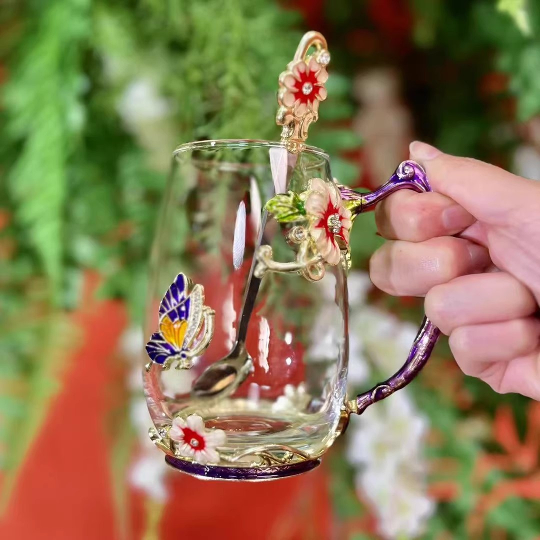 耐热珐琅彩有手柄玻璃杯玻璃带把手水杯少女心粉色早餐饼茶杯送礼