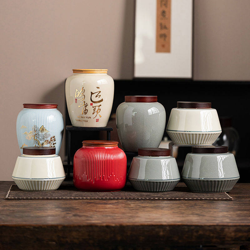 新品竹盖陶瓷茶叶罐小号中号绿茶红茶普洱茶罐哥窑家用密封储物罐