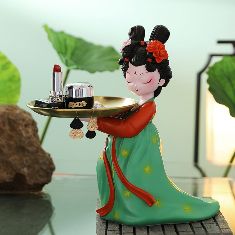 唐仕女创意古风玄关钥匙收纳摆件客厅新中式饰托盘乔迁新居礼物