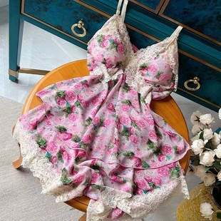 夏季 百搭 新款 女士家居服睡裙性感碎花战袍透气蕾丝拼接时尚