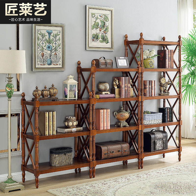 美式书架置物架实木落地玄关收纳架阅读区木质书柜客厅展示架组合