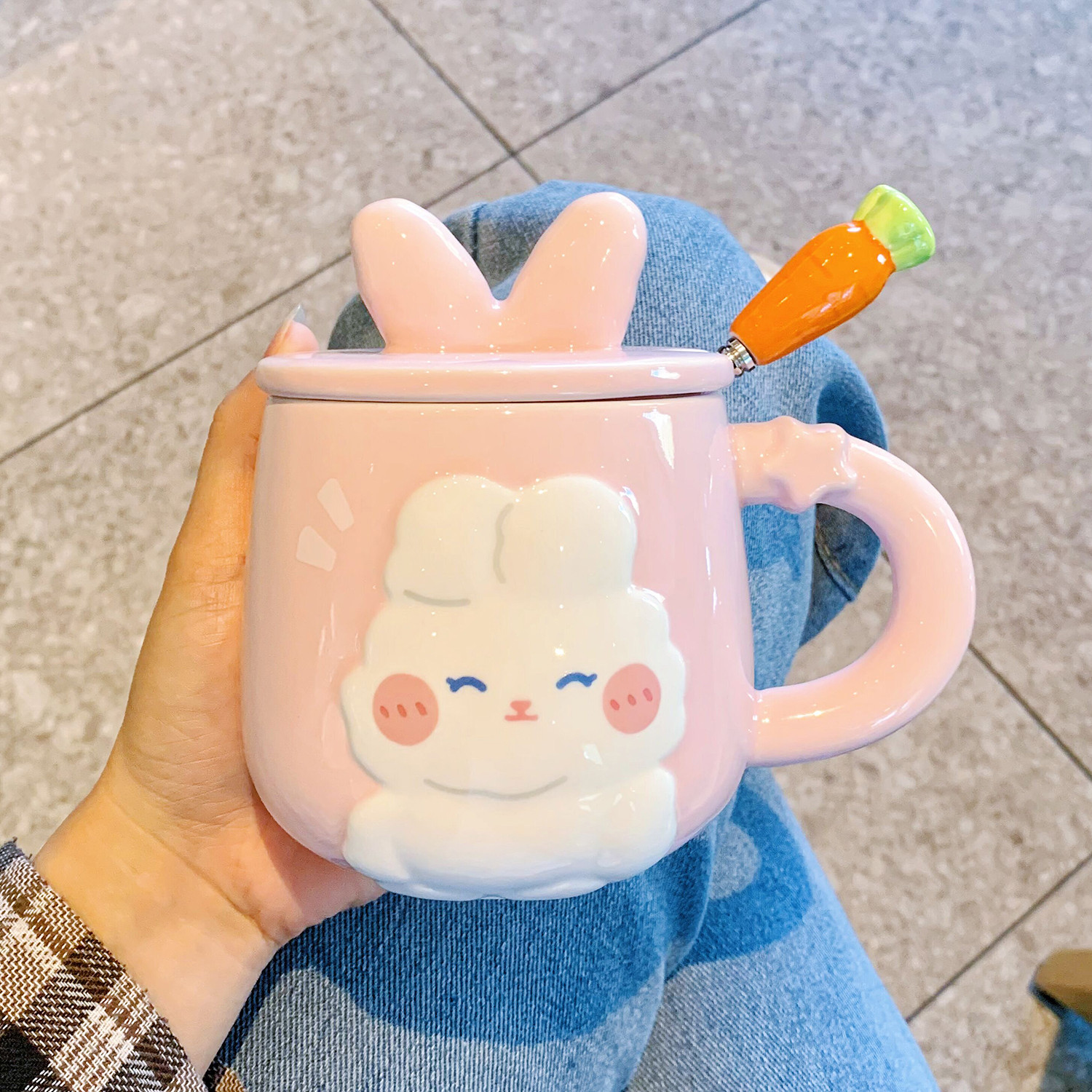 陶瓷杯子带盖勺马克杯可爱兔子高颜值喝水杯家用情侣办公室咖啡杯