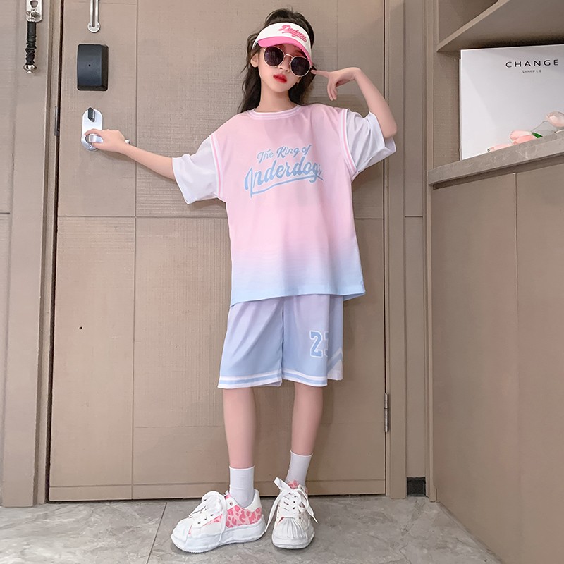 中大童女童网红套装夏季新款儿童洋气酷帅冰丝短裤速干运动篮球服