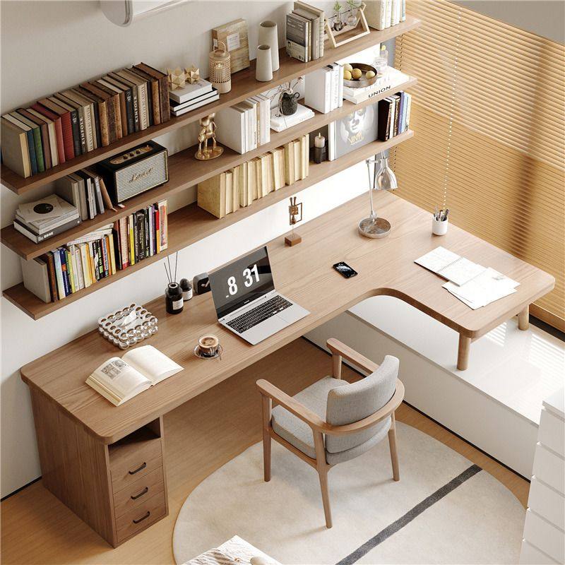 全实木飘窗书桌书柜一体台式电脑桌家用L型转角办公桌学习写字桌
