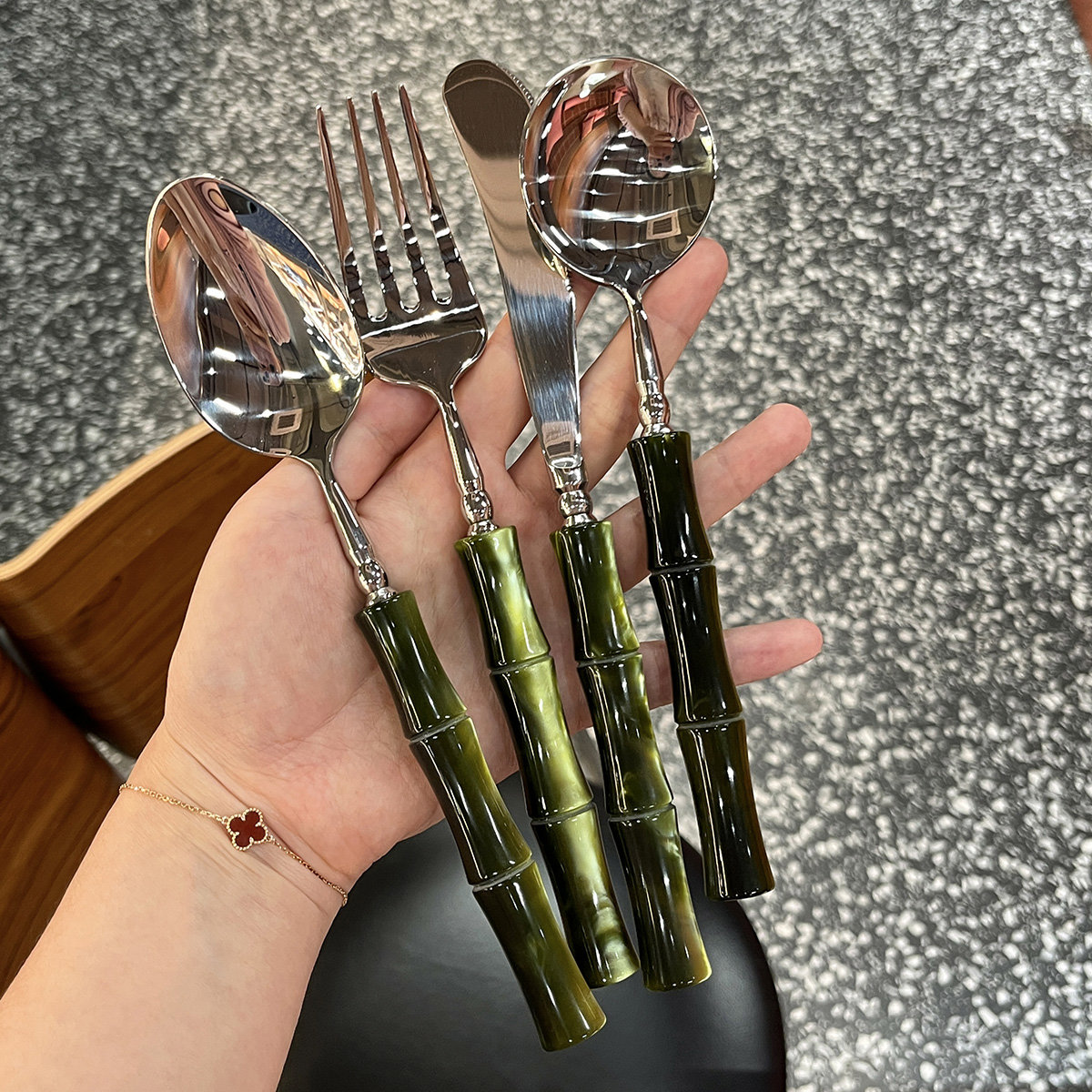 ENDLESS橄榄绿竹节刀叉勺西餐餐具套装高颜值家用304不锈钢牛