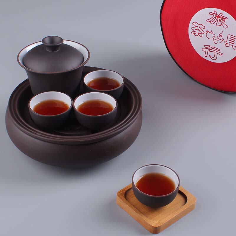 潮汕老紫砂传统功夫茶具套装外出差朱泥小泡球旅行盖碗便携带