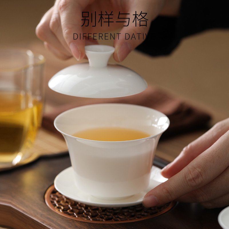 高骨瓷超薄胎马蹄三才盖碗茶杯单个大号高档白瓷泡茶碗带盖茶具