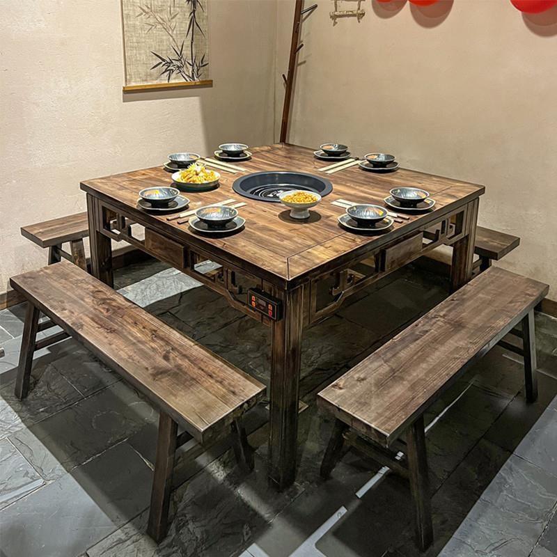 火锅店实木大理石无烟火锅桌子电磁炉一体商用串串店岩板餐桌工厂