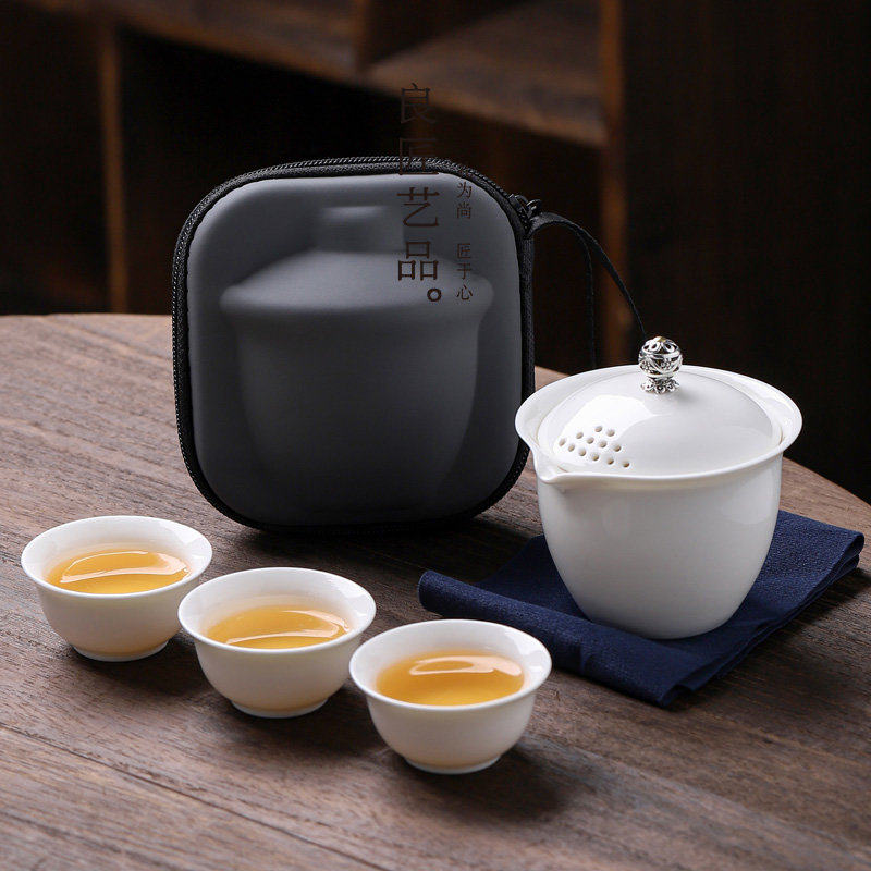 旅行茶具羊脂玉盖碗一壶三杯功夫茶具套装便携式泡茶杯伴手礼