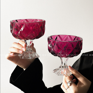 趣皿 ins玫红水晶棱角高脚杯玻璃杯女高颜值小众创意甜杯子收藏