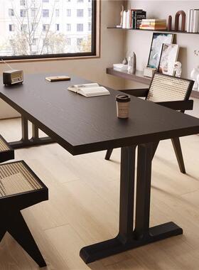 严选全实木客厅书桌黑色约现代办公原木大板桌学生长桌条AMB写字
