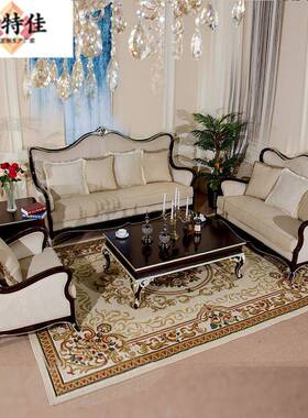 简UIK美沙发客厅家具美式雕乡村实古木刻布艺三位典沙发茶几组合