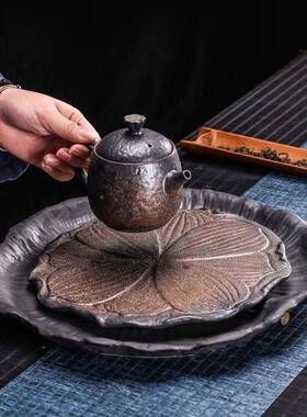铁粗陶荷风茶盘大号日式鎏金釉蓄水排水双用台泡盘复古茶HFCP2021
